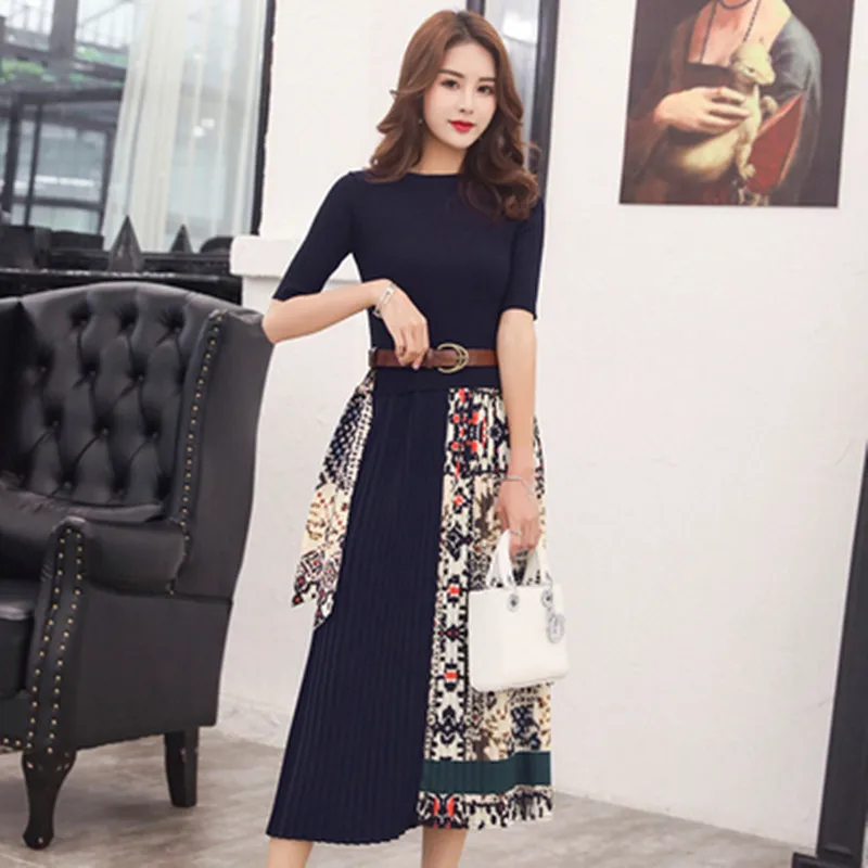 

2022 New Arriva Elegant Runway Designer Knitted Women Pleated Dress Female High Quality Knitting Spliced Draped Casual Dresses