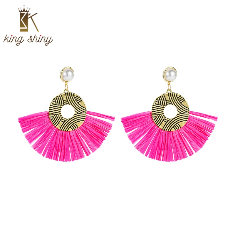 

King Shiny Ethnic Bohemian Lafite Dangle Earrings Vintage Hand Made Geometric Semi-circle Tassel Earring Girl Party Ear Jewelry