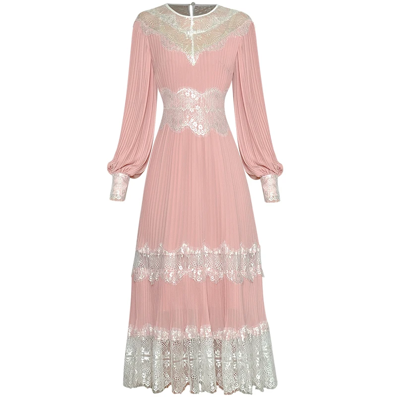 

Spring New High Quality Designer Women's Elegant Vintage Fashion Party Casual Long Sleeved Lace Patchwork Pleated Dress