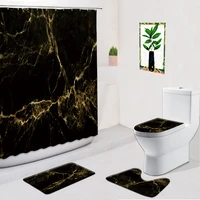 4pcs set black marble luxury gold texture shower curtains anti slip flannel bath mat home bathroom decor toilet carpet floor rug