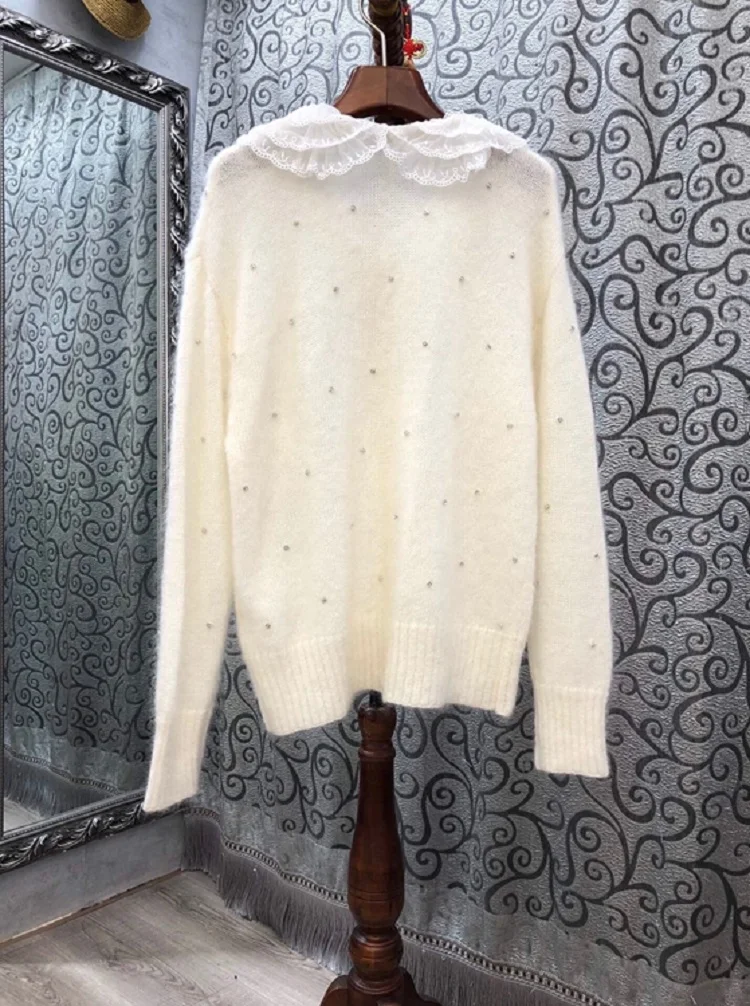 

Top Quality New Cardigan Jackets 2020 Autumn Winter Sweaters Women Lace Turn-down Collar Crystal Beading Deco White Cardigans