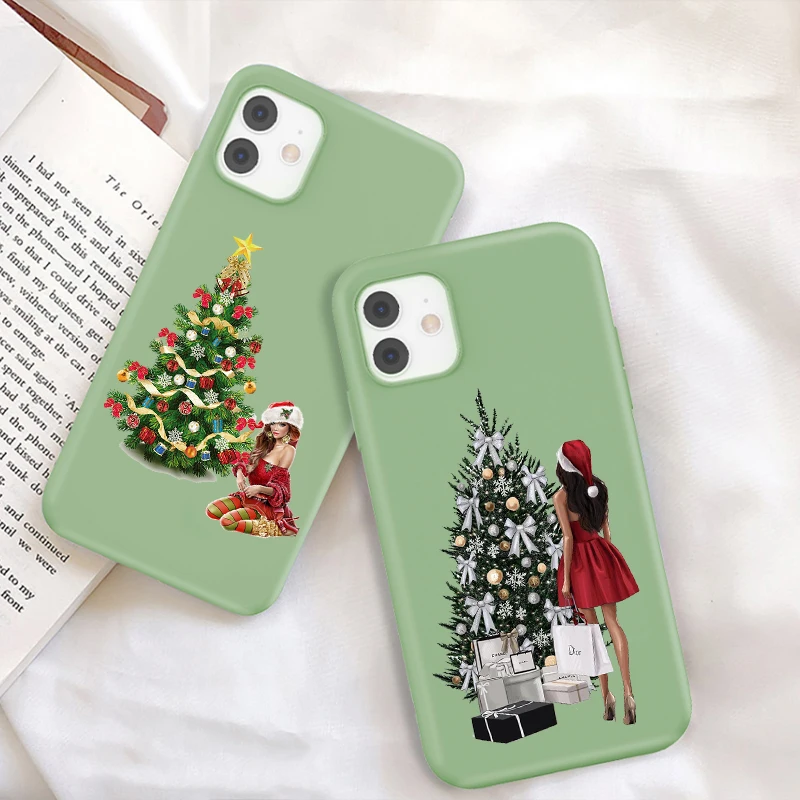 

New year Merry christmas girl Candy Color green Phone Cover For iPhone 11 12 13 Pro Max X XR XSMax 6 6S 7 8 Plus Soft TPU Case