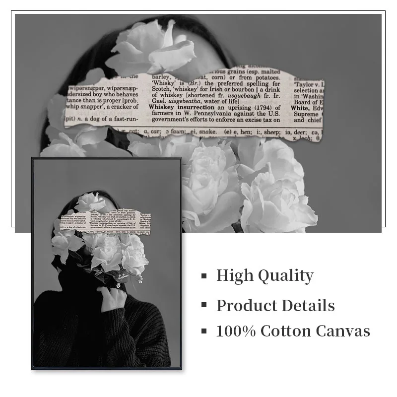 

Modern Fashion Flower Woman Canvas Painting Black White Rose Newspaper Quote Wall Art Print Poster for Living Room Home Decor