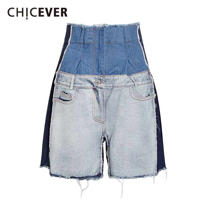 

CHICEVER Hit Color Denim Shorts For Female High Waist Women's Casual Wide-legged Shorts Fashion Streetwear Tide New 2021