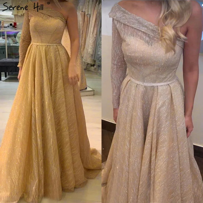 Золотое сексуальное вечернее платье на одно плечо в Дубае 2021 с длинным рукавом