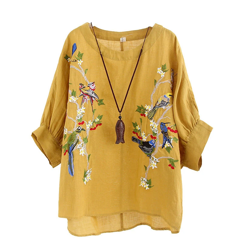 

Embroidery Women Spring Summer Blouses Shirts Lady Casual Half Sleeve O-Neck Loose Blusas Tops DF4020