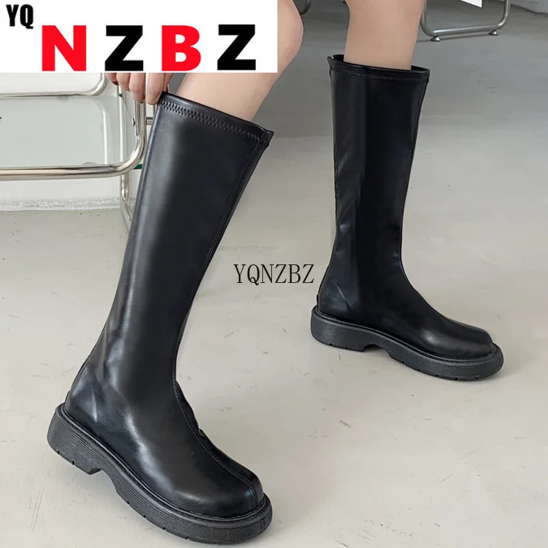 

Round Head Mid-Calf Back Zipper Square Heel Women's Casual Boots 2022 Autumn New Fashtion Platform Women's Motorcycle Boots
