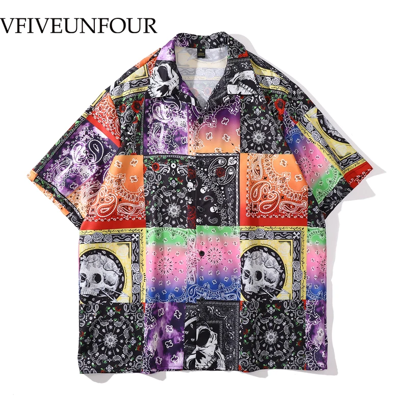 

VFIVE UNFOUR Digital Cashew Flowers Print Color Block Patchwork Pocket Short Sleeve Hawaiian Shirts Summer Casual Button Tops