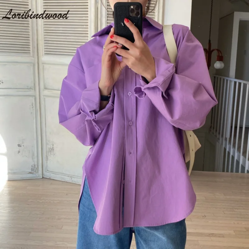 

Loribindwood Stylish Turn-down Collar Single-breasted Loose Female Shirts Full Sleeve Ladies Solid Blouses 2021Autumn women tops