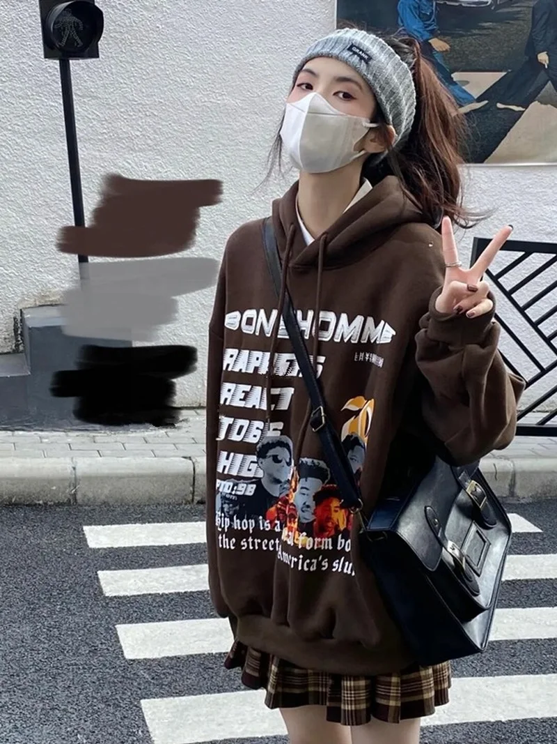 

Graffiti Letter Print Plus Velvet Sweatshirts Women Harajuku Fleece Brown Hoodie Hip Hop Stranger Things Hooded Hoodies Unisex
