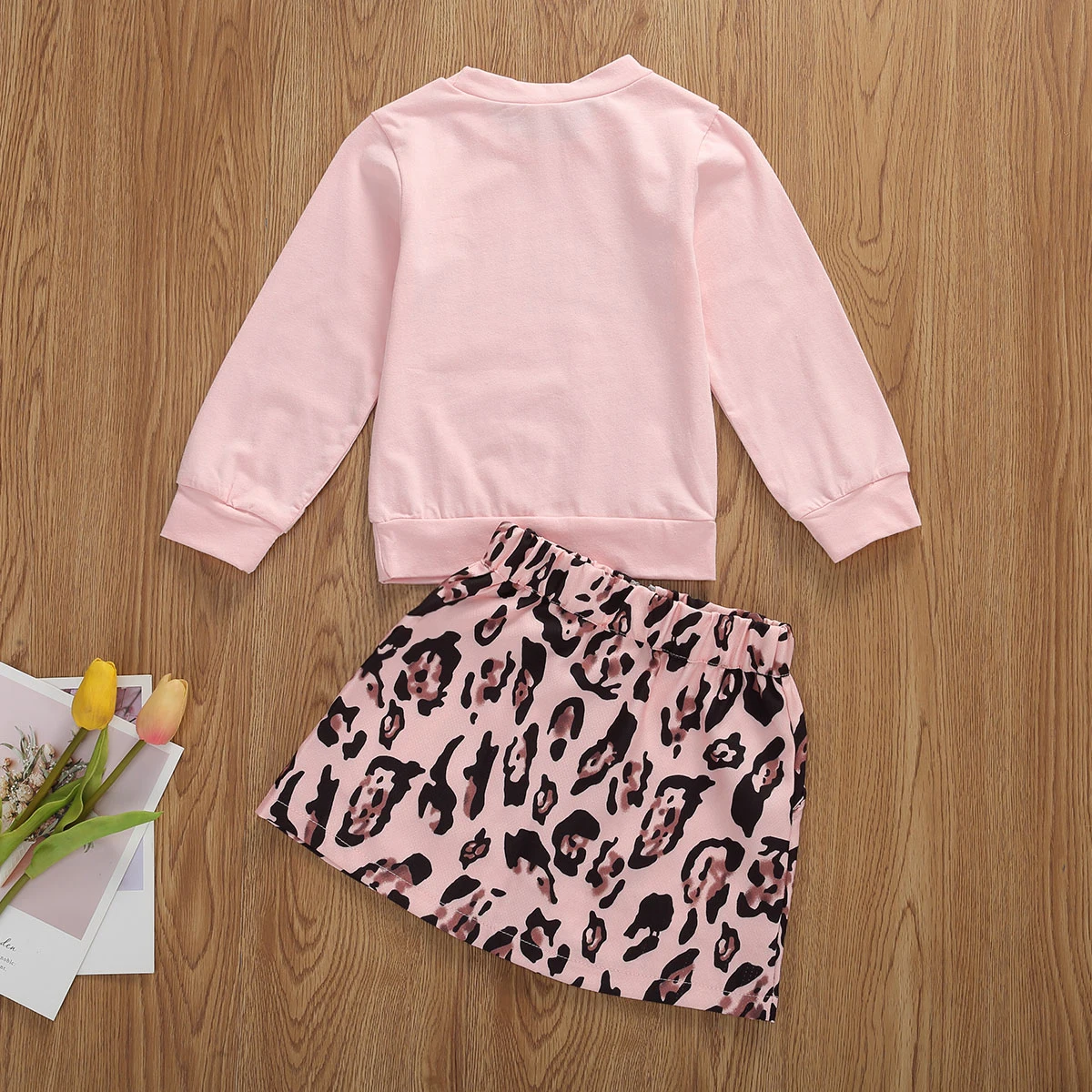 

2020 Spring Autumn Kids Baby Girls Clothes Sets 1-7Y Letter Long Sleeve Pink Tops Leopard A-Line Skirts