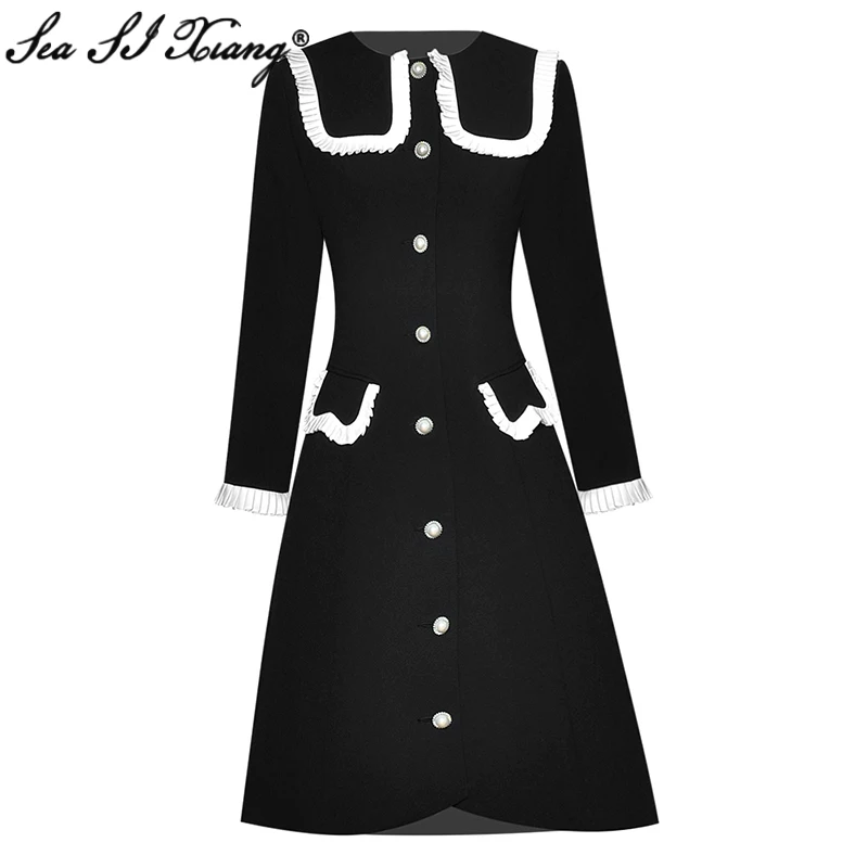 

Seasixiang Fashion Designer Autumn Dress Women Peter pan Collar Long Sleeve Single Breasted Hit the Color Dresses