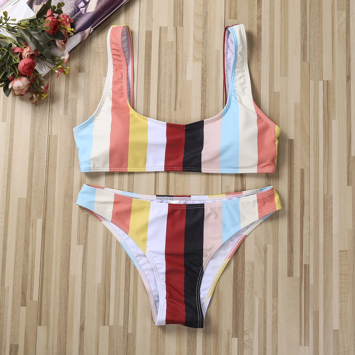 2021 бикини для женщин в разноцветную полоску набор летний бандажный купальник пуш