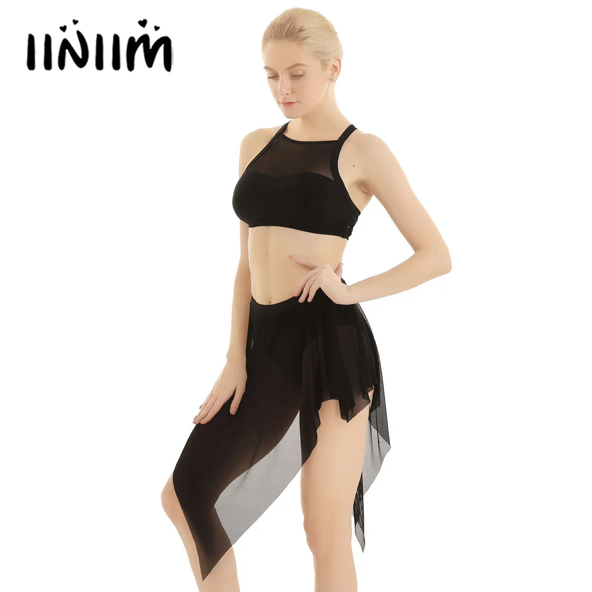 

Women Adult Ballet Dance Dress Lyrical Dancewear Outfits Sleeveless Criss-cross Back Vest Crop Top with Asymmetrical Mesh Skirt