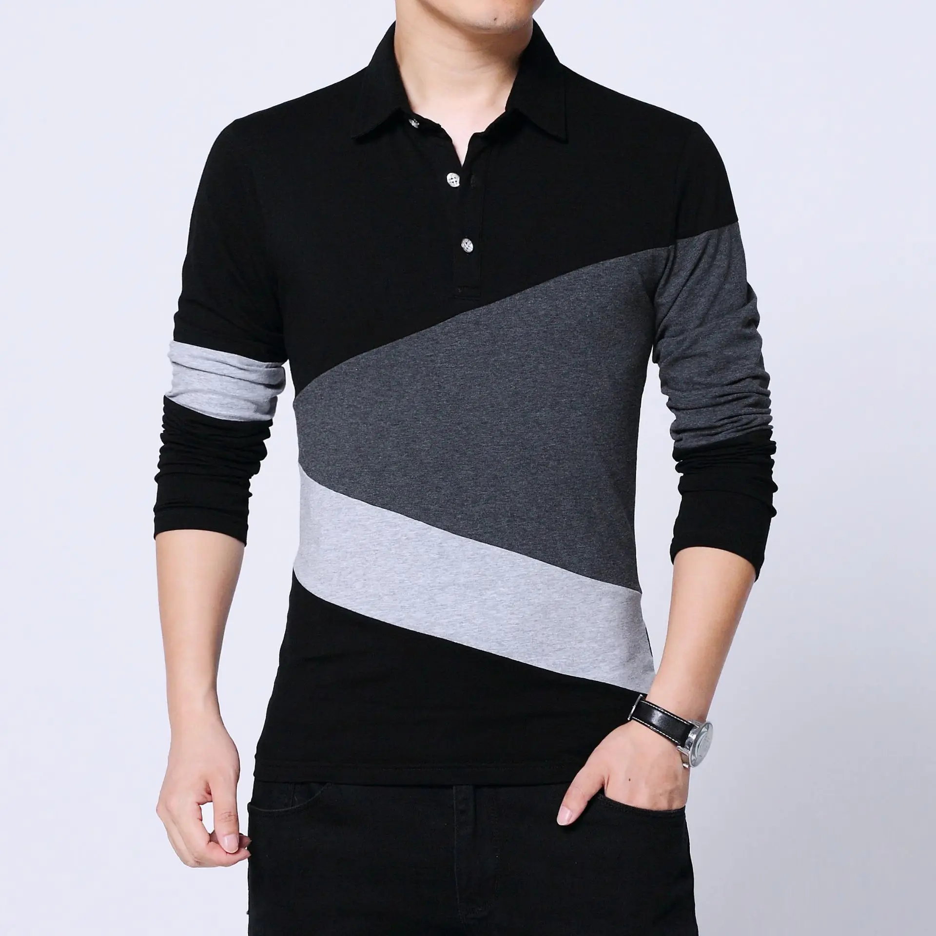 

Spring Autumn Korean Fashion Men Polo Shirt Vintage Style Patchwork Long Sleeve Polo shirt Men Casual Clothing Plus Size M-5XL