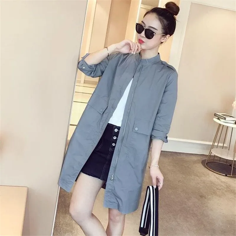 

2020 New Women's Jacket Long Sleeve Coat Casual Zipper Pockets Windbreaker Female Long Coat Outwear P810