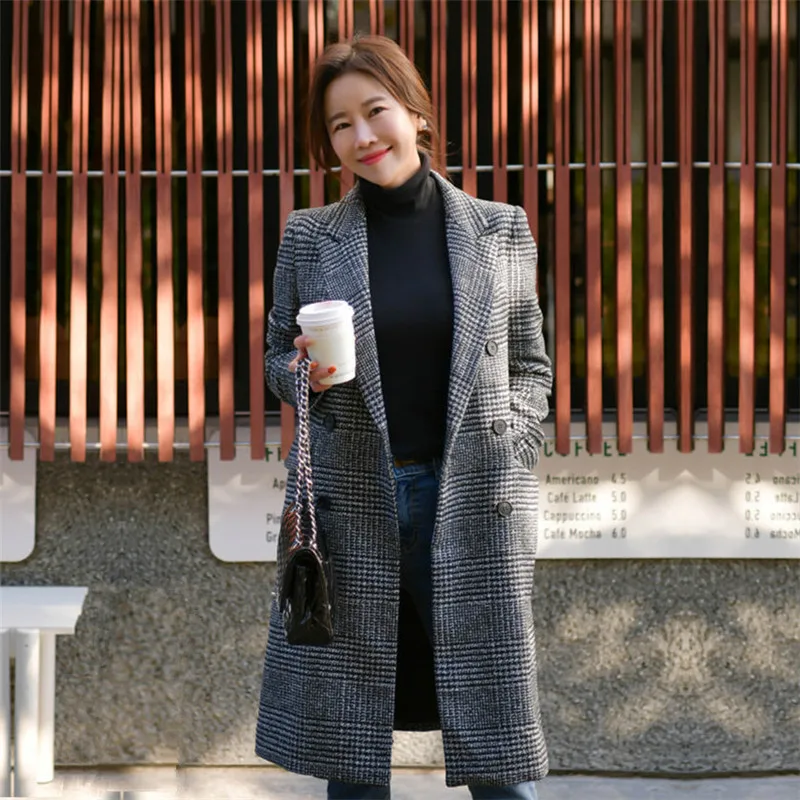 

Женское длинное кашемировое пальто, двубортное клетчатое шерстяное пальто в стиле ретро с рисунком «гусиные лапки», верхняя одежда в Корей...