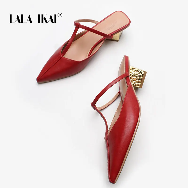 LALA IKAI Women Summer Slippers Casual Female Med Heels Muller slippers Pu Leather Sandals OL Office Pumps Shoes Woman WC10171-4 | Обувь