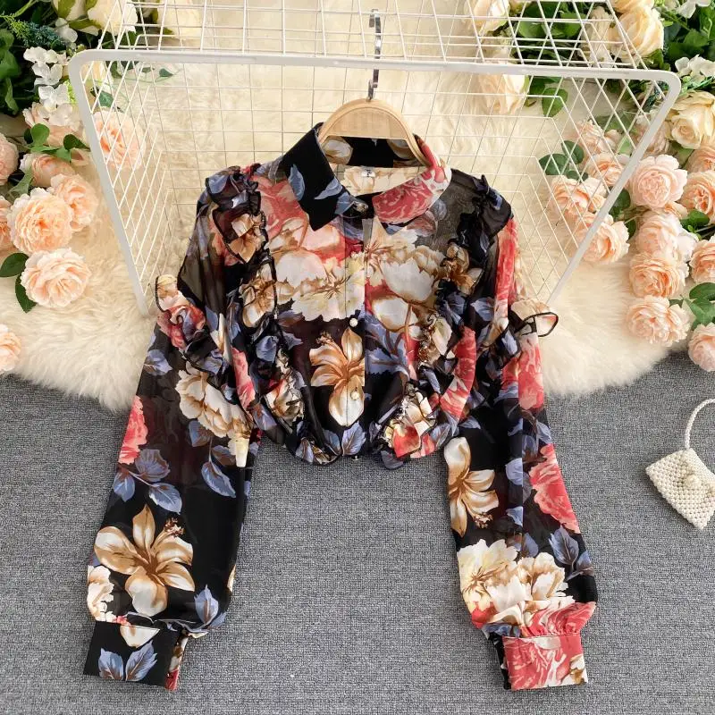 

Summer New Women Vintage Designed Blouses Printed Lantern Long Sleeves Single Breasted Loose Shirt Tops Ladiesb145