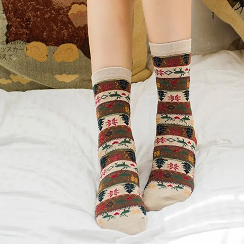 3 пары женские рождественские этнические Носки с рисунком лося снежинки в