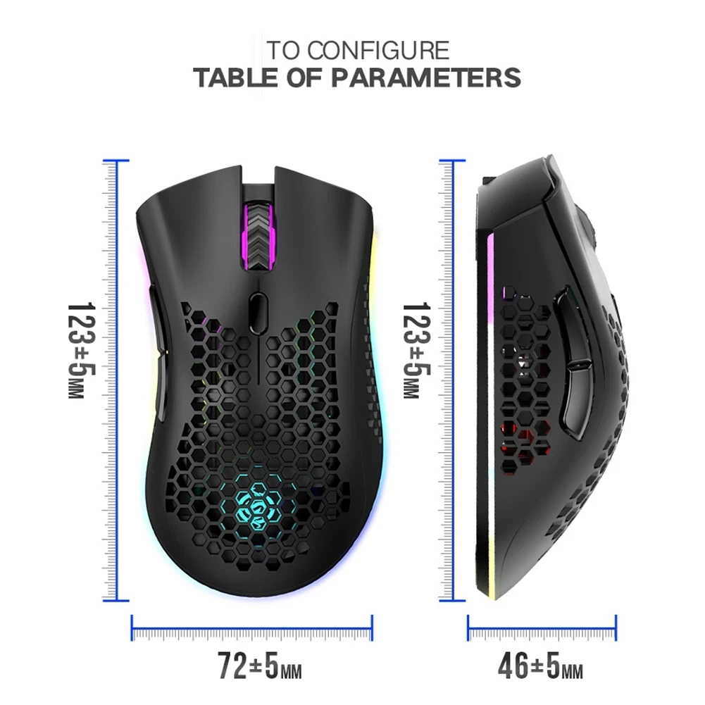 

BM600 2.4GHz Wireless Mouse USB Rechargeable 1600DPI Adjustable Hollow Out Honeycomb RGB Optical Mouse Gamer Mice For PC