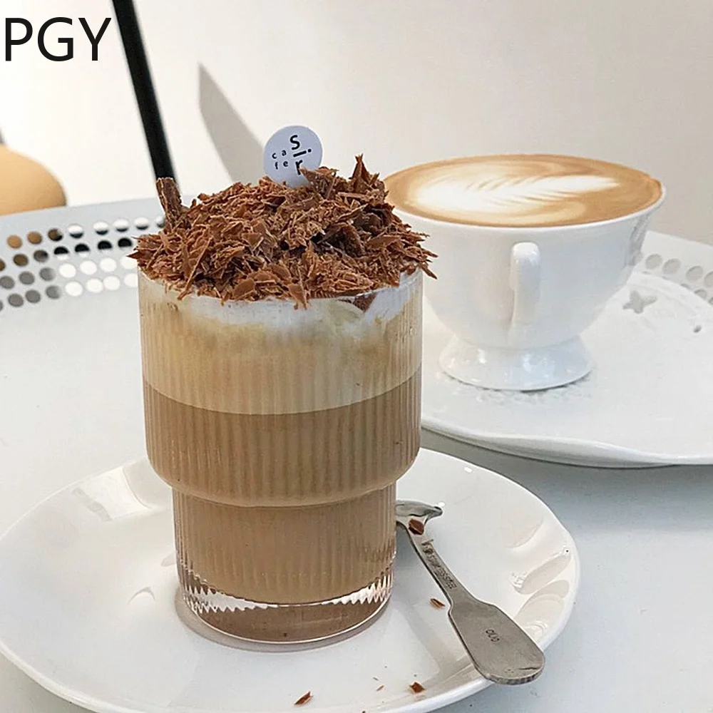 

Vertical pattern glass high value 201-300ml ice American coffee cup Mocha latte cup Latte high temperature resistant coffee cup