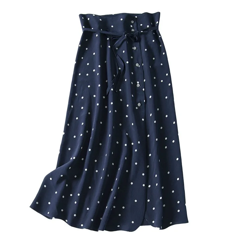 

Elegant Blue and White Dot Prints A- Type Silk Skirt 2020 Fashion New Style