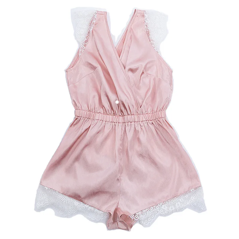 

2021 Pink Sleeveless Lace Sleepwear Satin Women Playsuits Spaghetti Strap Sexy V Neck Silk Bodysuits Summer New Casual Onesies