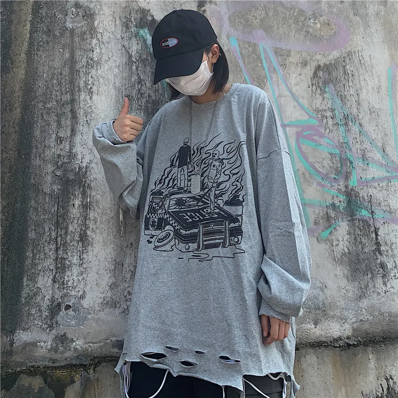 Lychee Harajuku Свободные повседневные женские толстовки с круглым вырезом топ с принтом пламени отверстие Женская Толстовка Топы весна осень женские пуловеры
