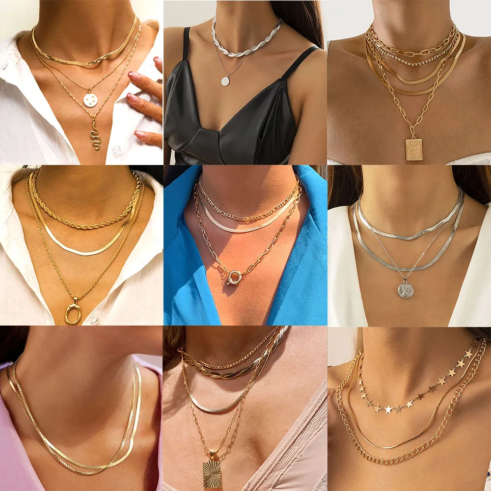 

Boho Multilayer Gold Color Snake Chain Clavicle Necklace Women Retro Leaf Star Round Pendant Necklaces Girls Fashion Jewelry