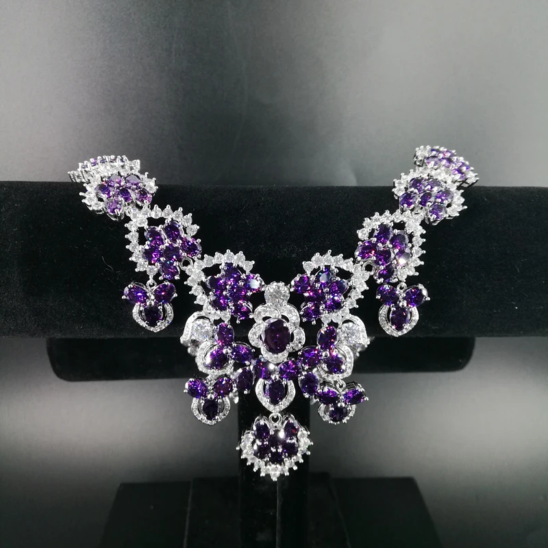 2019 Новая мода романтические фиолетовые цветы циркон ожерелье серьги набор