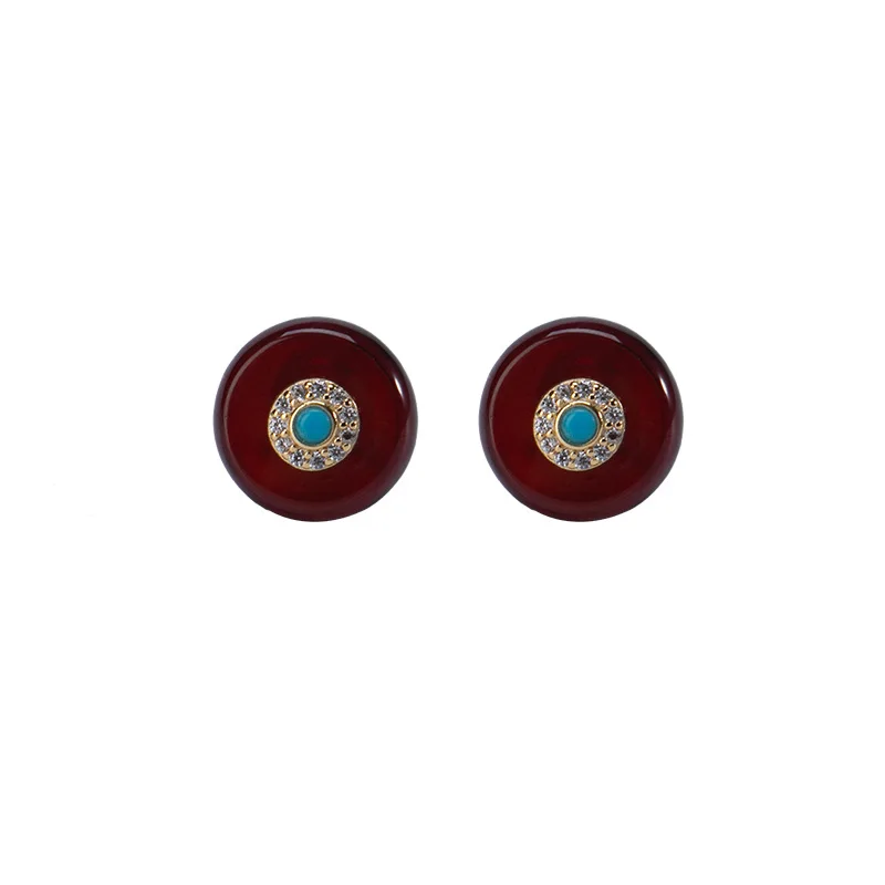 

S925 sterling silver gold-plated natural amber blood amber turquoise ear studs simple all-matching graceful women's earrings