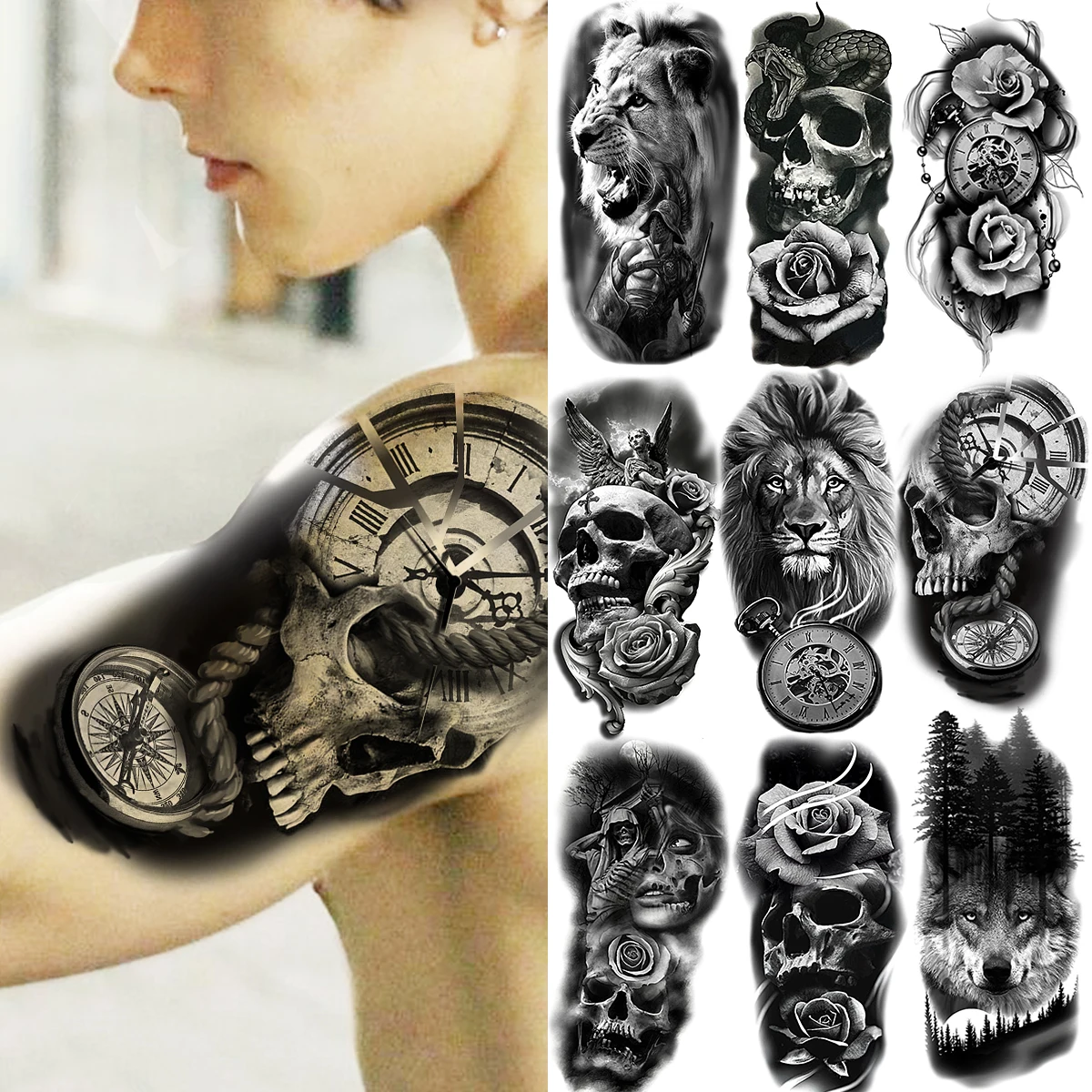 

Compass Skull Temporary Tattoos For Men Women Realistic Lion Snake Vampire Forest Samurai Fake Tattoo Sticker Arm Tatoos Body