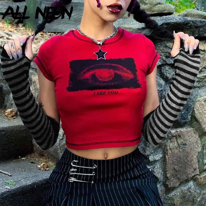 

ALLNeon Grunge Punk Streetwear Eye Graphic Red T-Shirts with Striped Sleeve Mall Goth Y2K O-neck Short Sleeve Baby Tees Harajuku