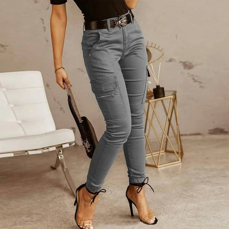 

Fashion Office Lady Solid Color Long Pants Vintage Pocket Button Zipper Slim Trousers Spring Autumn Elegant Women Sweatpants