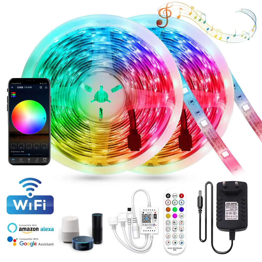 

Светодиодная лента RGB SMD 5050 12 В Smart WIFI Музыка Rgb светодиодсветильник та 5 м 10 м 15 м 20 м гибкая лента диод водонепроницаемый ЕС США Великобритани...