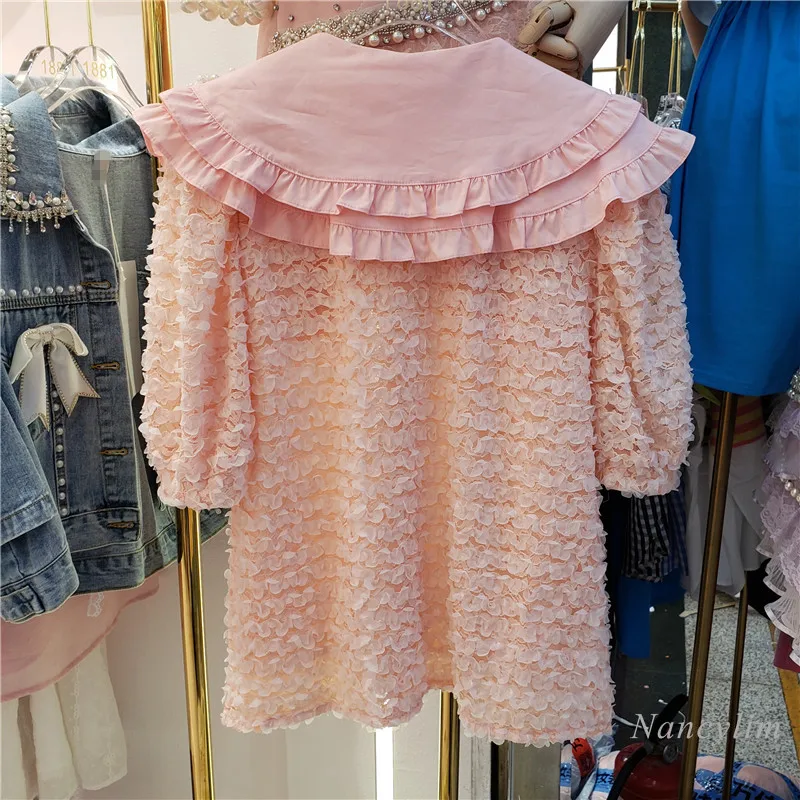 Chemise d'été en dentelle pour femmes, nouveau Style coréen, jolies perles, col de poupée, manches courtes bouffantes, Blouses assorties pour filles et dames, 2021