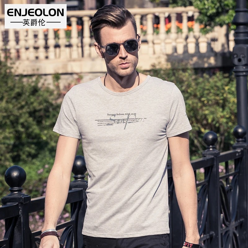 

Enjeolon Summer T shirt Short Sleeved O-neck Letter Print Casual Slim Fit tshirt Men Male Top Tee Shirt Streetwear T1508