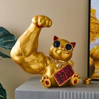 golden lucky cat resin muscle arm animal crafts luxury living room office desktop lucky cat decor home decoration birthday gift