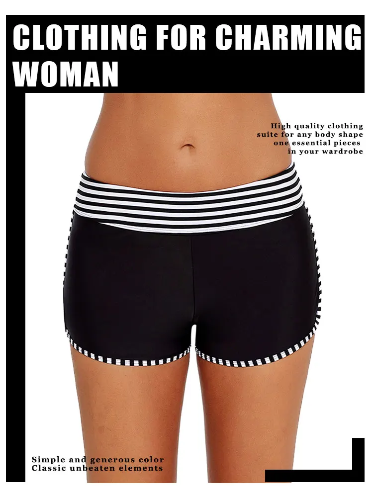 

2021 Women Swimsuit One Piece Contrast Color Stripe Elastic Swim Shorts Seaside Beach Lady Bathing Suits Conservative Swimwear