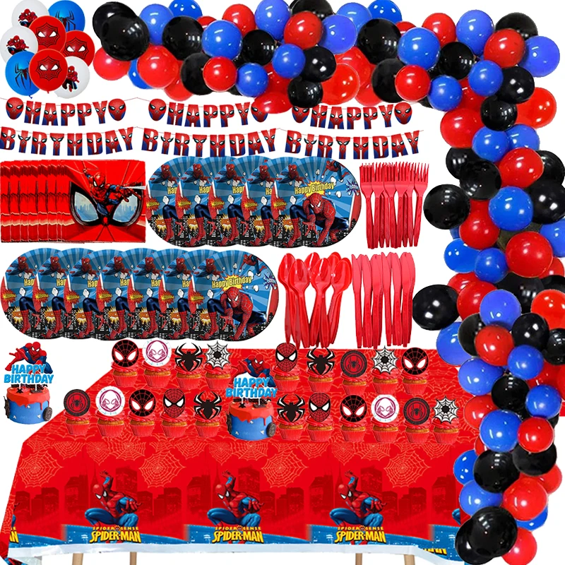 New Spiderman Party Supplies disposable tableware cup plate straw Napkins Balloons Arch Banner Cake Topper boys Birthday Decor