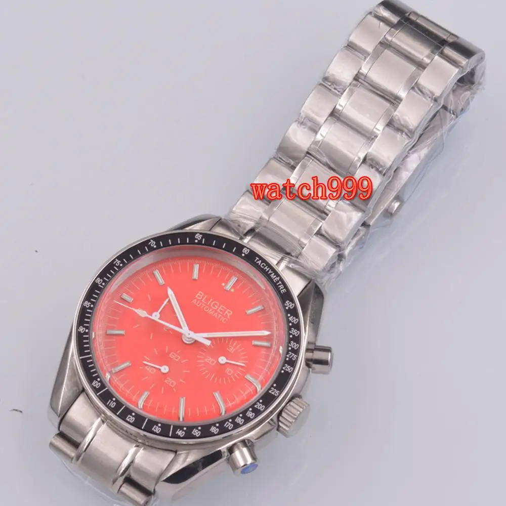 Мужские водонепроницаемые механические часы Bliger красные из нержавеющей стали с