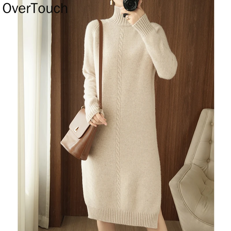 

Autumn Women Turtleneck Sweater Long Sleeve Dress Show Thin Long Fashion Lady Casual Solid A-Line Slim Knitting Dress