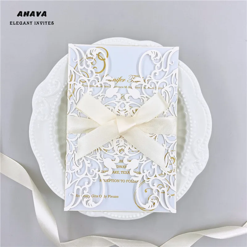 Перламутровая слоновая кость Lasercut приглашение карманные складные лазерная