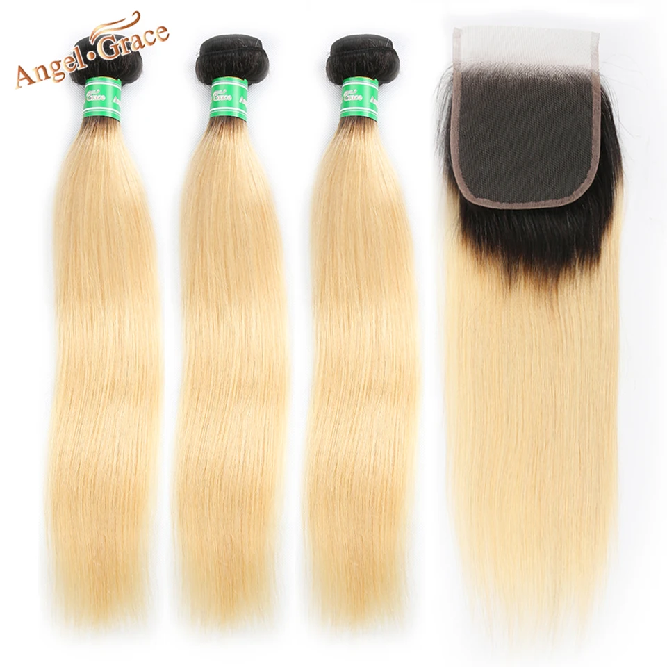 

Angel Grace Blonde Ombre Bundles With Closure 1b/613 Brazilian Straight Human Hair 3 Bundles With Closure Remy Hair Extensions