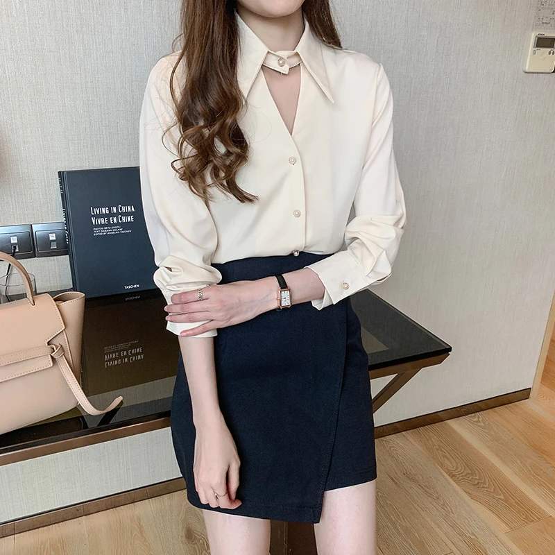 

Korean fashion Women clothes Autumn New Long Sleeve Hollow out blouse Tops Workwear Chiffon shirt