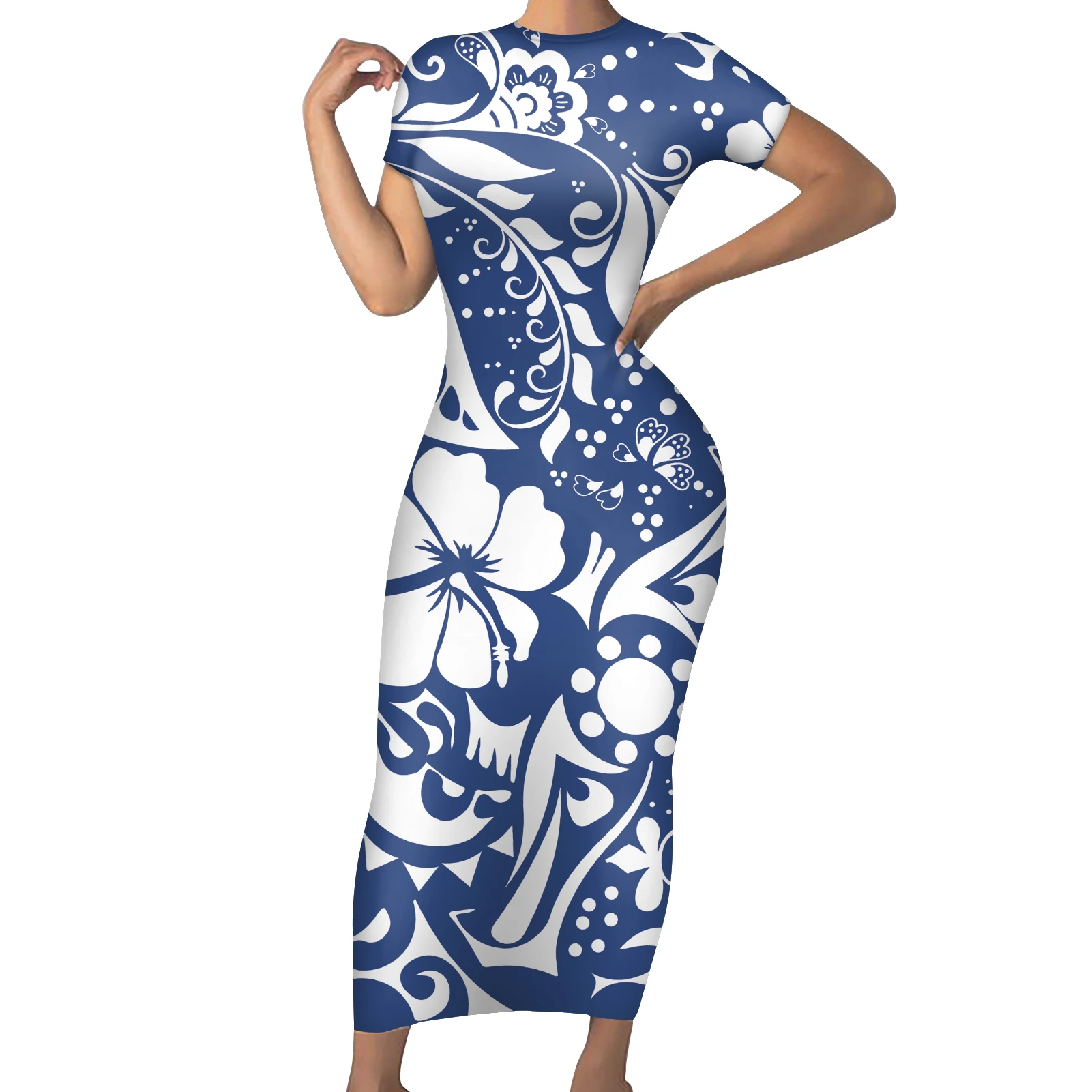 

HYCOOL Sky Blue Plus Size Samoa Hibiscus Design Womens Wear Dress Custom Tribal Bodycon Maxi Dresses Women Short Sleeve Sundress