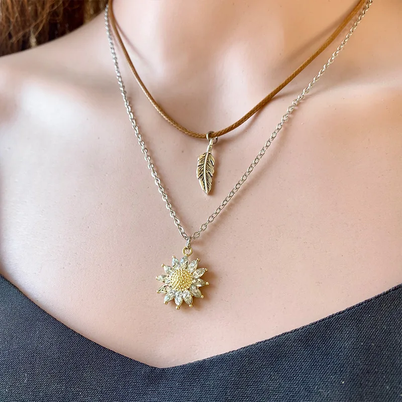 

2 Layers Zircons Sunflower Pendant Necklace for Women Vintage Brown Cowhide Rope Feather Hat Cross Neck Chain Wholesale