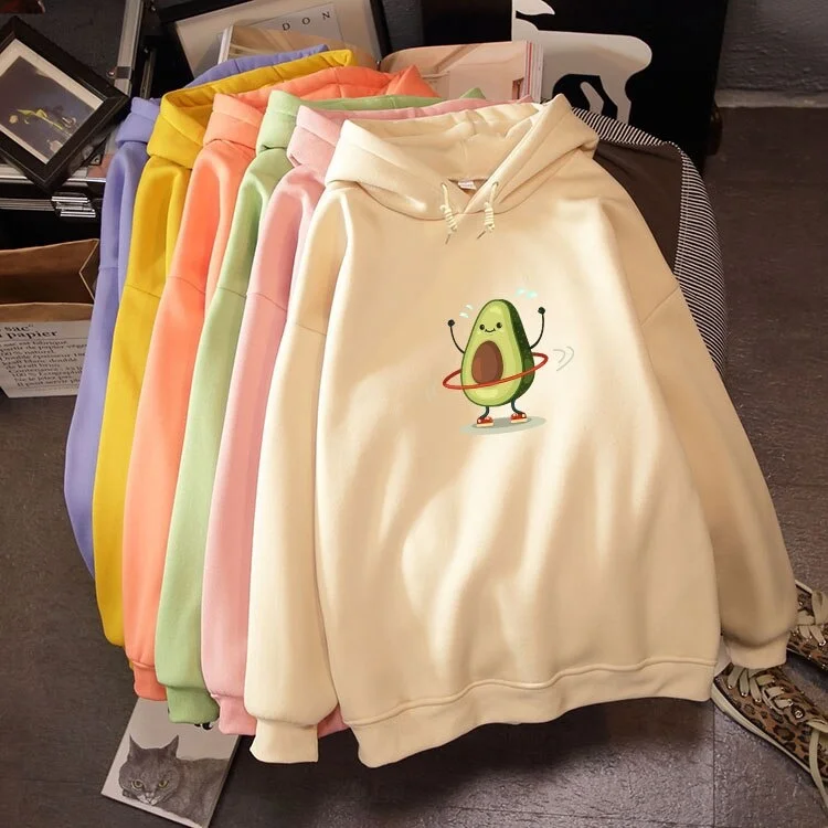 

2020 Winter Womens Graphic Sweatshirt Kpop Harajuku Funny Cartoon Avocado Print Ladies Hoodies Fashion Streetwear Pullovers Coat