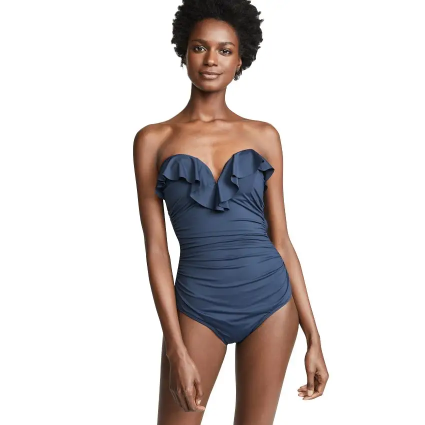 Женский цельный купальный костюм с рюшами синий купальник пуш-ап женский пляжная